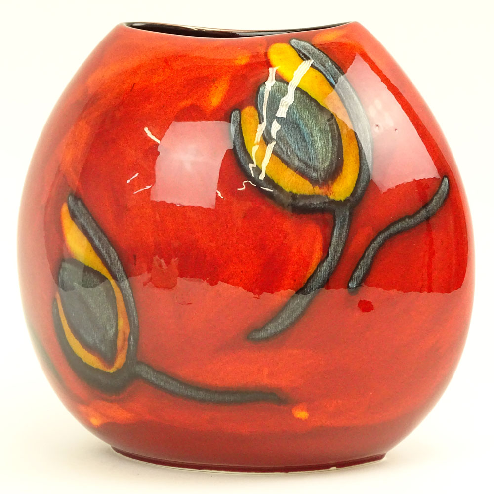 Mid Century Poole Pottery Vase. Floral motif on red-orange ground.
