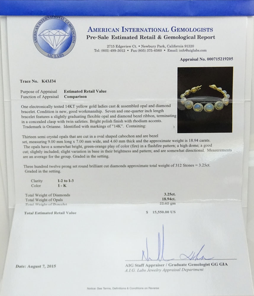 AIG Certified 18.94 Carat Oval Shaped Cabochon Opal, 3.25 Carat Round Brilliant Cut Diamond and 14 Karat Yellow Gold Bracelet.