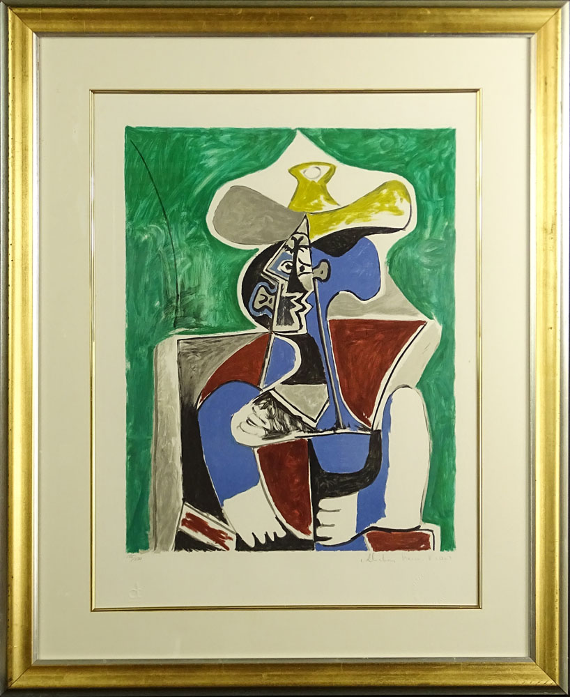 after: Pablo Picasso, Spanish (1881-1973) Marina Picasso Estate Lithograph "Buste Au Chapeau Juane Et Gris Sur Fond Verte" 