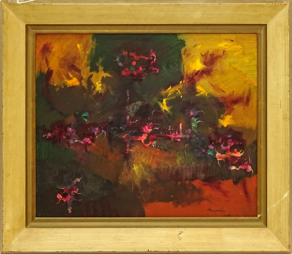 Mid Century Oil on Artist Board "Abstract Composition" 
