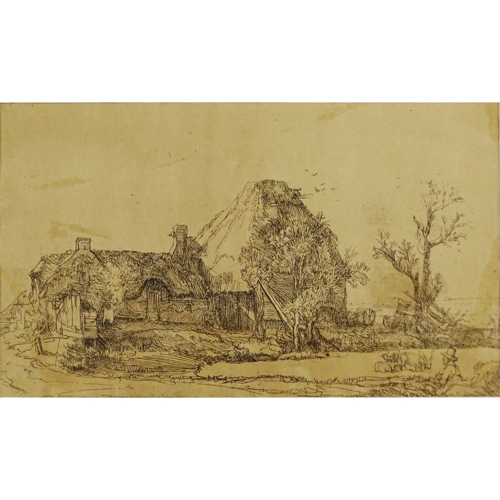after: Rembrandt van Rijn, Dutch (1606-1669) Antique etching "Landscape With Farm Buildings and a Man Sketching"