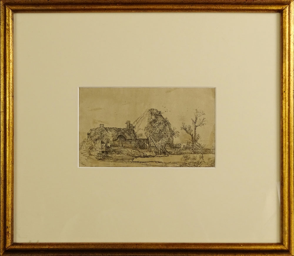 after: Rembrandt van Rijn, Dutch (1606-1669) Antique etching "Landscape With Farm Buildings and a Man Sketching"