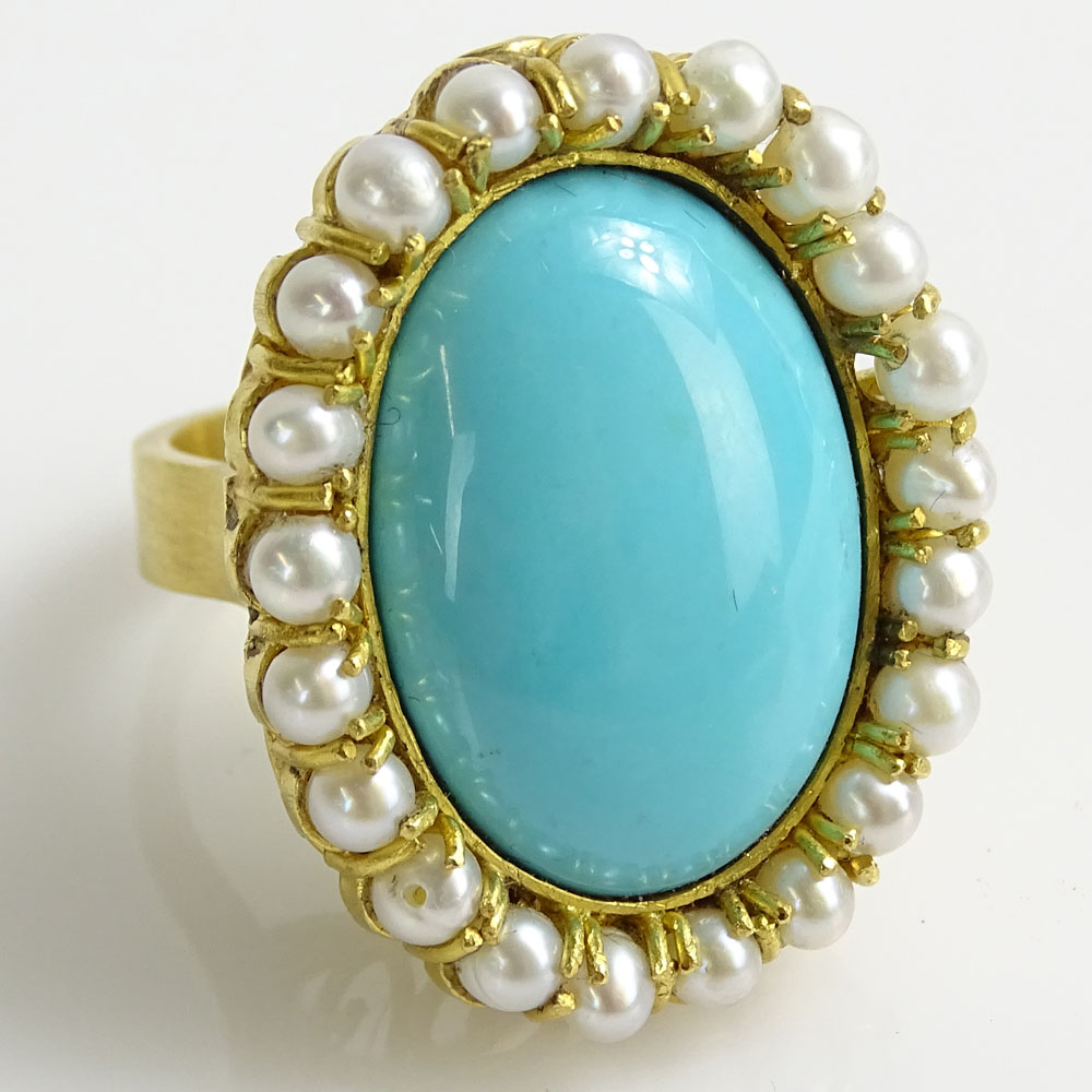 Large and Best Quality Robin's Egg Blue Turquoise, Pearl and Heavy 18 Karat Yellow Gold Ring. )