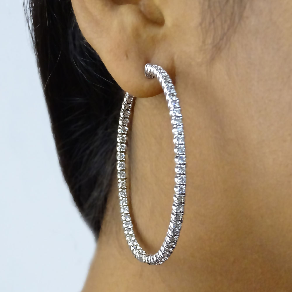 Approx. 5.0 Carat Round Brilliant Cut Diamond and 14 Karat White Gold In and Out Hoop Earrings.