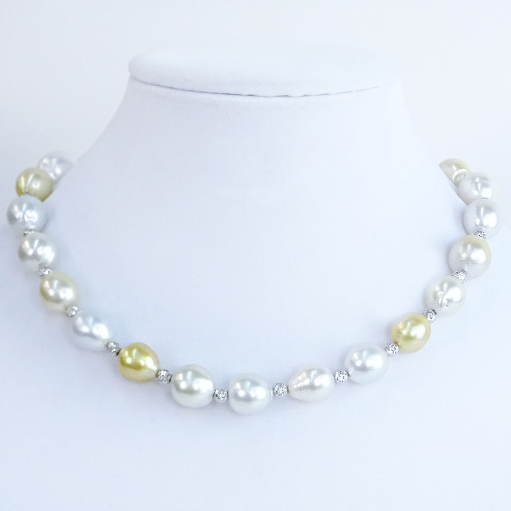 Multi Color South Sea Pearl Lariat style Necklace with Round Brilliant Cut Diamond and 18 Karat White Gold Clasp.