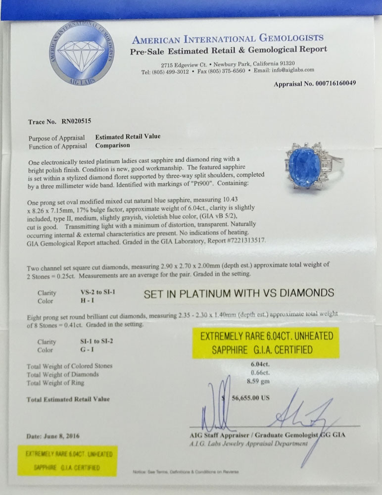 Extremely Rare GIA and AIG Certified 6.04 Carat Oval Cut Natural Unheated Sapphire, .66 Carat Square and Round Brilliant Cut Diamond and Platinum Ring.