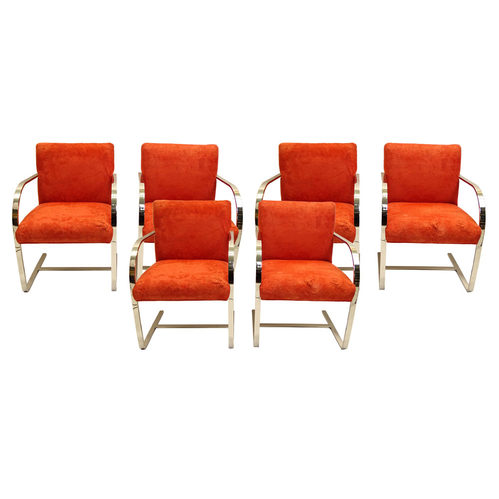 Set of Six (6) Vintage after:  Ludwig Mies van der Rohe Brno style Chrome and Upholstered Arm Chairs.