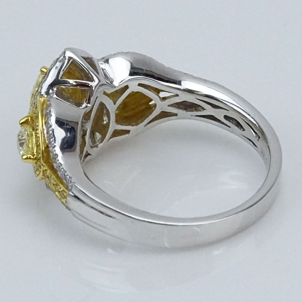 Approx. 1.0 Carat Fancy Yellow Diamond, .36 Carat Round Brilliant Cur Diamond and 18 Karat White Gold Ring