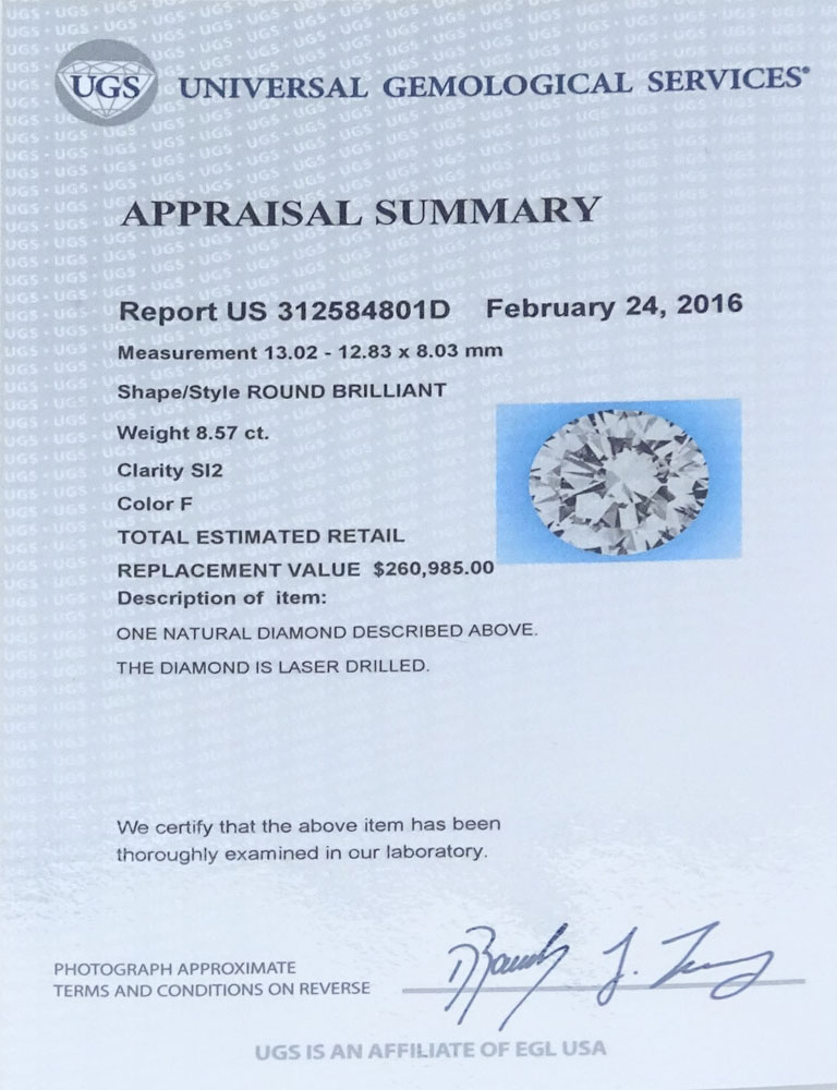 EGL Certified Approx. 12.0 Carat Diamond and 18 Karat White Gold Ring