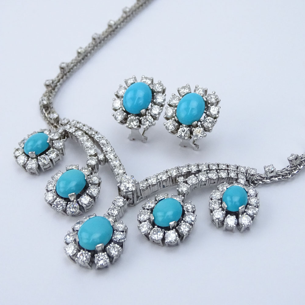 Very Fine Quality Approx. 22.50 Carat Round Brilliant Cut Diamond, Persian Turquoise and 18 Karat White Gold Necklace and Earring Suite