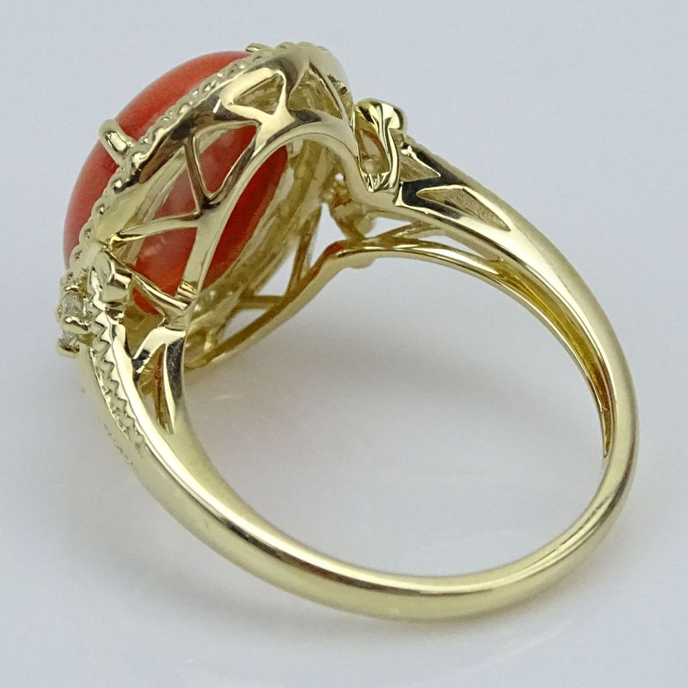Approx. 3.96 Carat Red Coral, .07 Carat Round Cut Diamond and 14 Karat Yellow Gold Ring