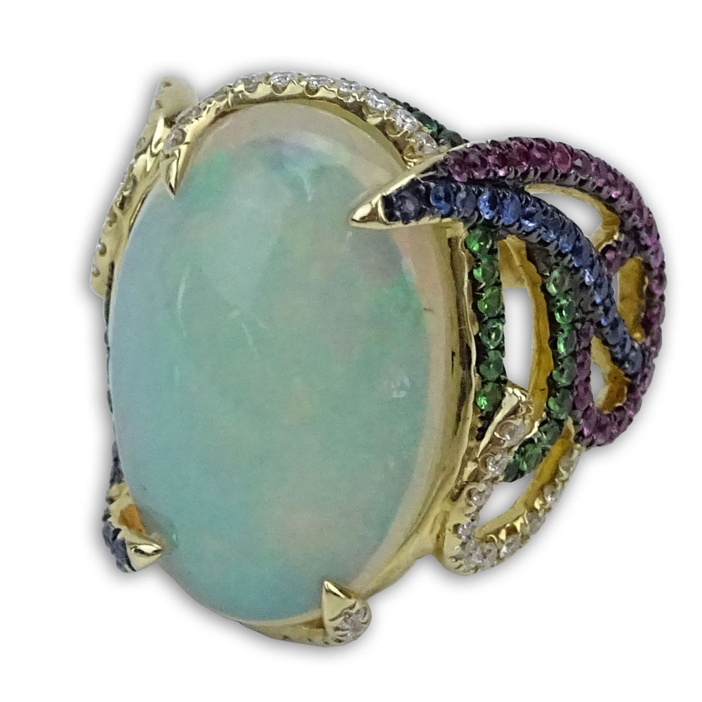 Approx. 11.31 Carat White Opal and 14 Karat Yellow Gold Ring accented throughout with Round Cut Diamonds