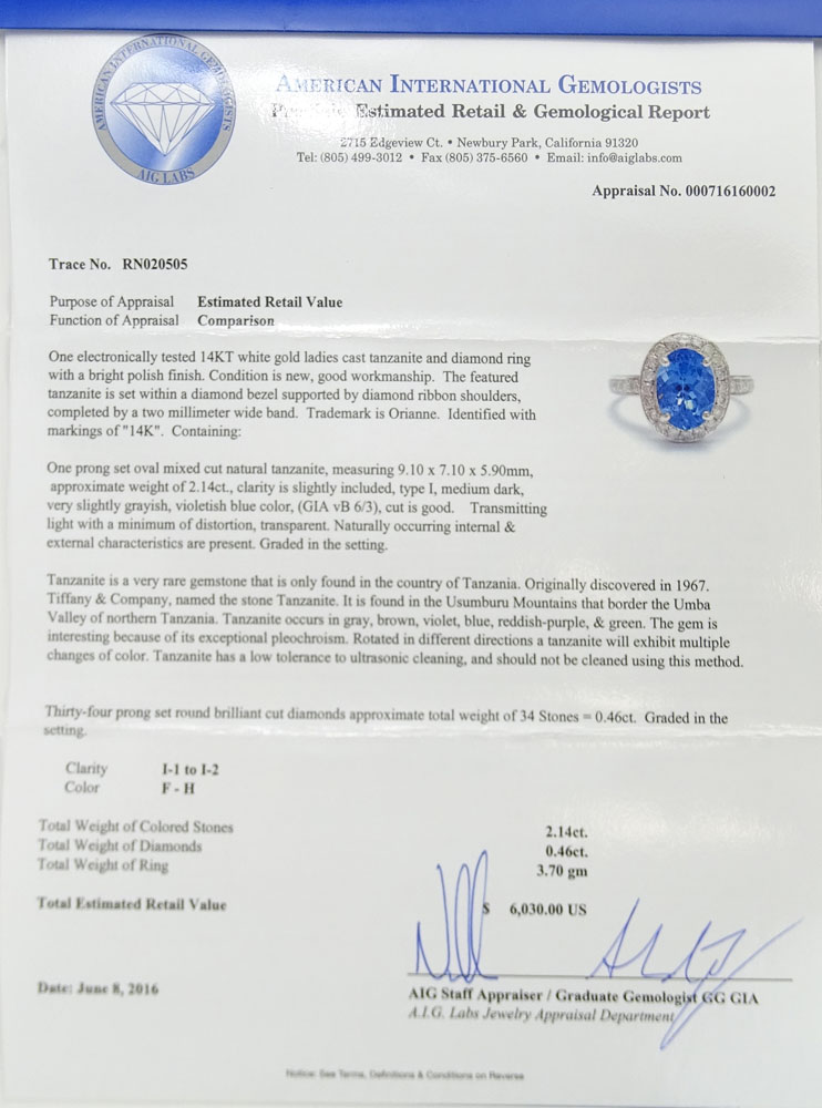 AIG Certified 2.14 Carat Oval Cut Tanzanite, .46 Carat Round Brilliant Cut Diamond and 14 Karat White Gold Ring