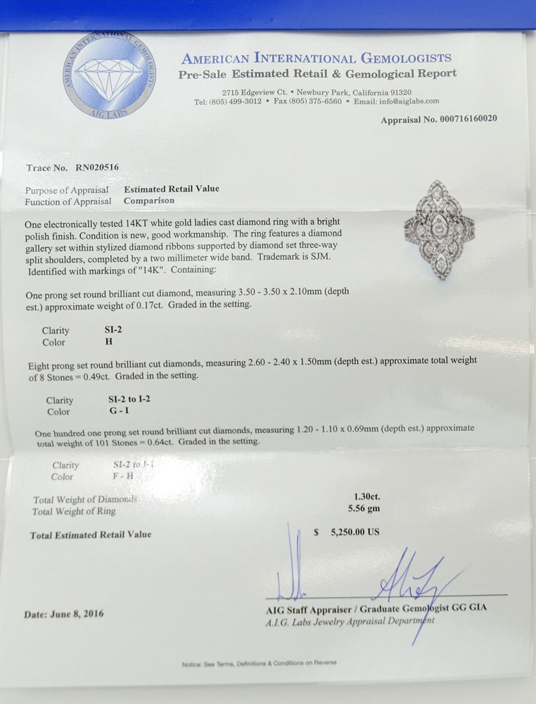 AIG Certified 1.30 Carat Round Brilliant Cut Diamond and 14 Karat White Gold Ring