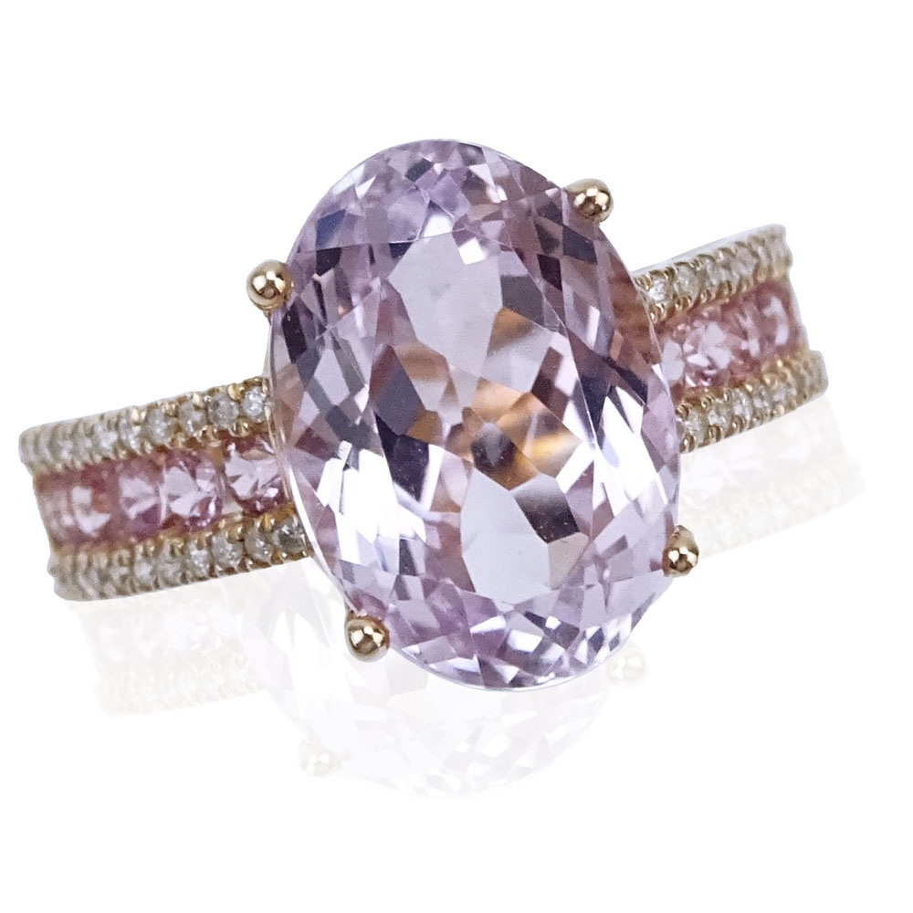 7.17 Carat Oval Cushion Cut Kunzite, .65 Carat Pink Sapphire, .18 Carat Round Cut Diamond and 14 Karat Rose Gold Ring