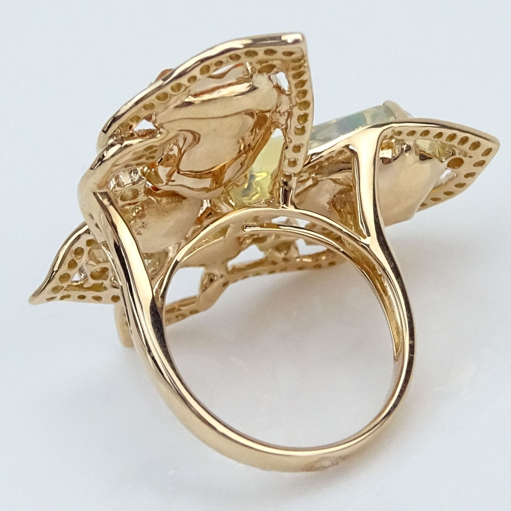 Approx. 7.61 Carat Fire Opal, .84 Carat Round Cut Diamond and 18 Karat Rose Gold Butterfly Ring