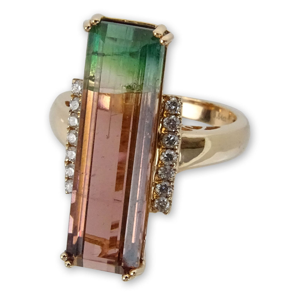 9.64 Carat Emerald Cut Bi Color Tourmaline and 14 Karat Rose Gold Ring