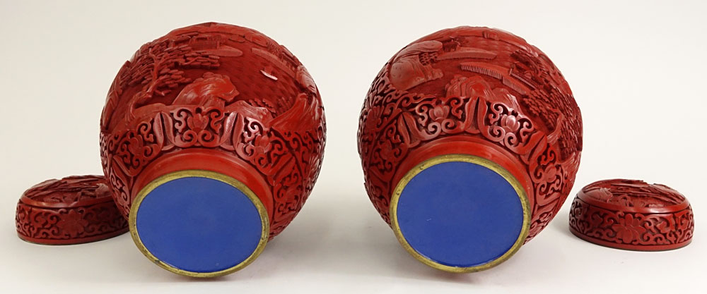 Pair Chinese Nicely Carved Cinnabar and Enameled Ginger Jars.