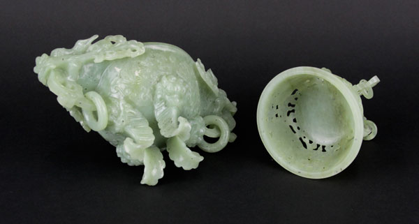 Antique Chinese High Relief Carved Green Jade Censer.