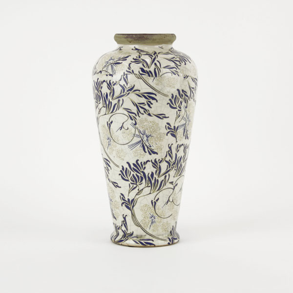 Antique Asian Pottery Vase With Crackle Glaze and Raised Enamel Decoration