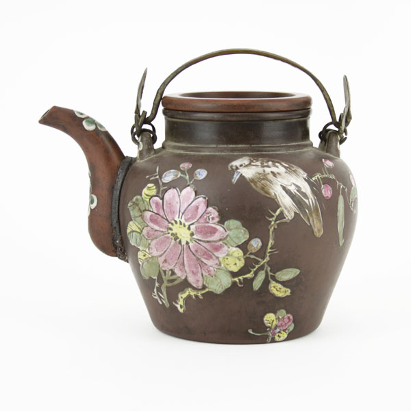 Vintage Chinese Enameled Earthenware Teapot. Decorated with bird and flower motif