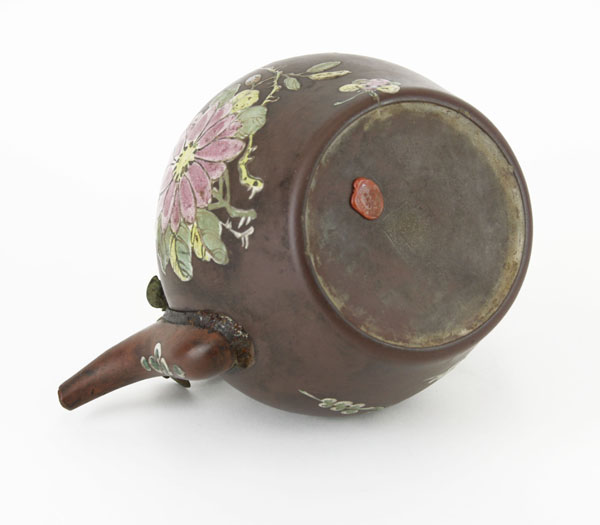 Vintage Chinese Enameled Earthenware Teapot. Decorated with bird and flower motif