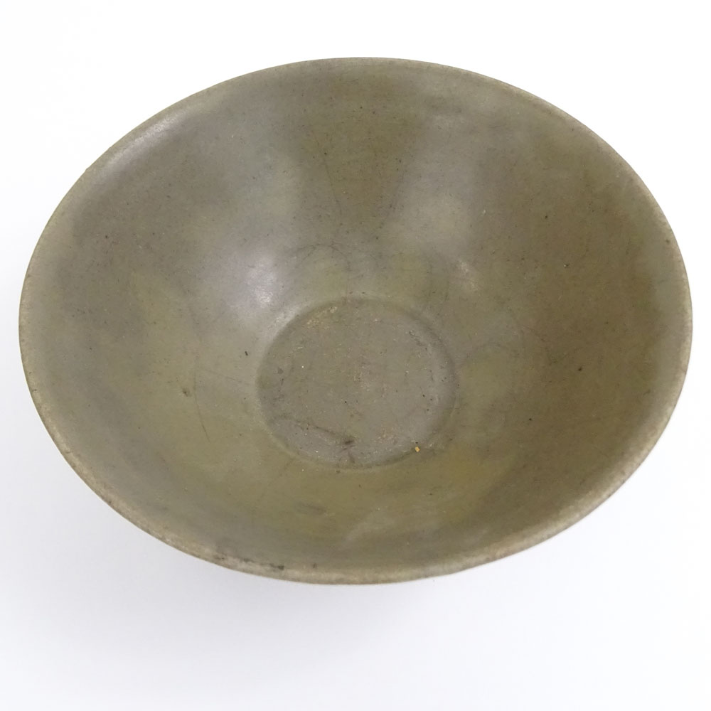 Chinese Sung Dynasty Glazed and Incised Ceramic Bowl In Box. Leaf motif on outside of bowl