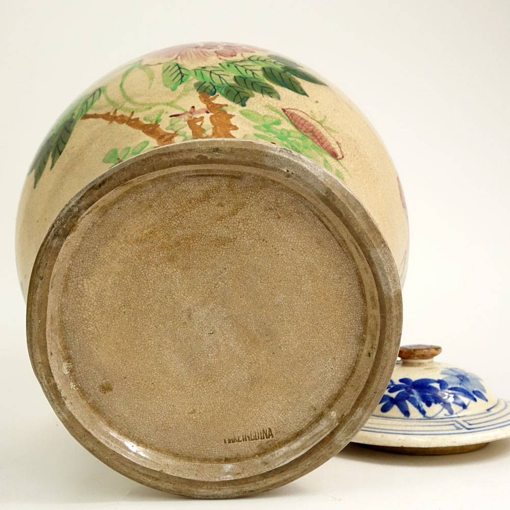 Large Chinese Glazed and Decorated Chinese Covered Jar. Figural handles, flower and Phoenix Bird Motif