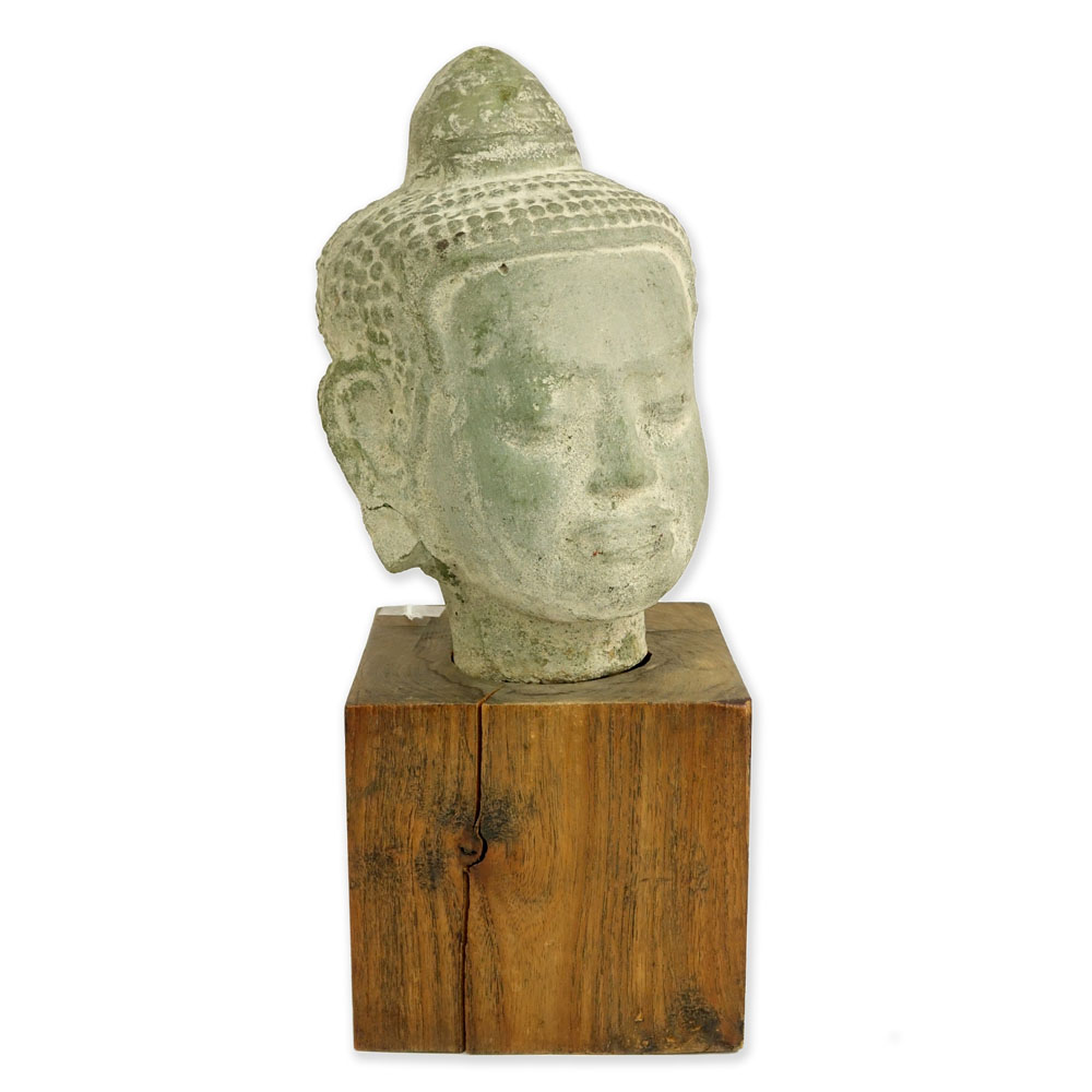 Vintage Thai Carved Stone Buddha Head. On wood block