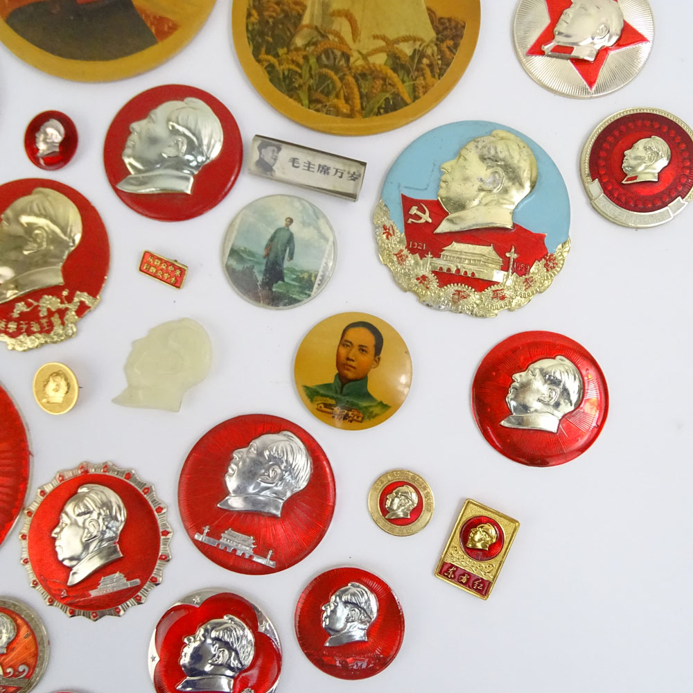Collection of 44 Pieces Chinese Cultural Revolution Memorabilia. Includes various Chairman Mao buttons, pins and badges