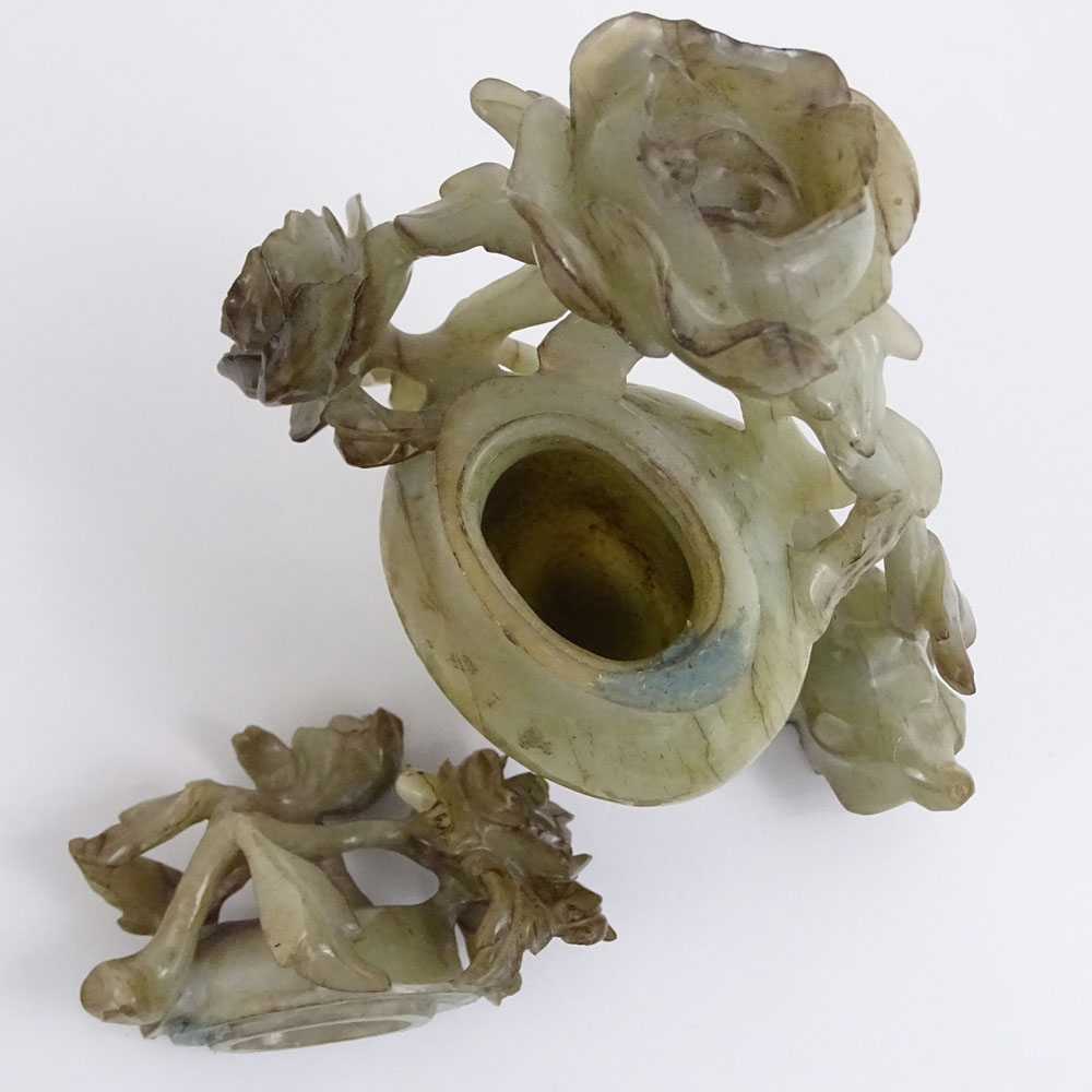 20th Century Chinese Carved Jade Covered Vase with Flowers.