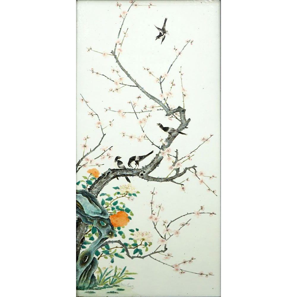 19th Century Chinese Painted Porcelain Panel. Decorated with birds on blossoming branches