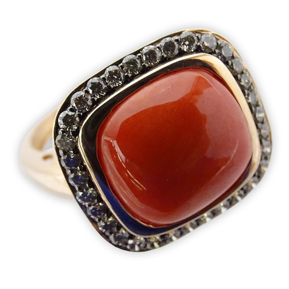 Approx. 5.27 Carat Red Coral and 14 Karat Rose Gold Ring accented with Small Round Cut Diamonds