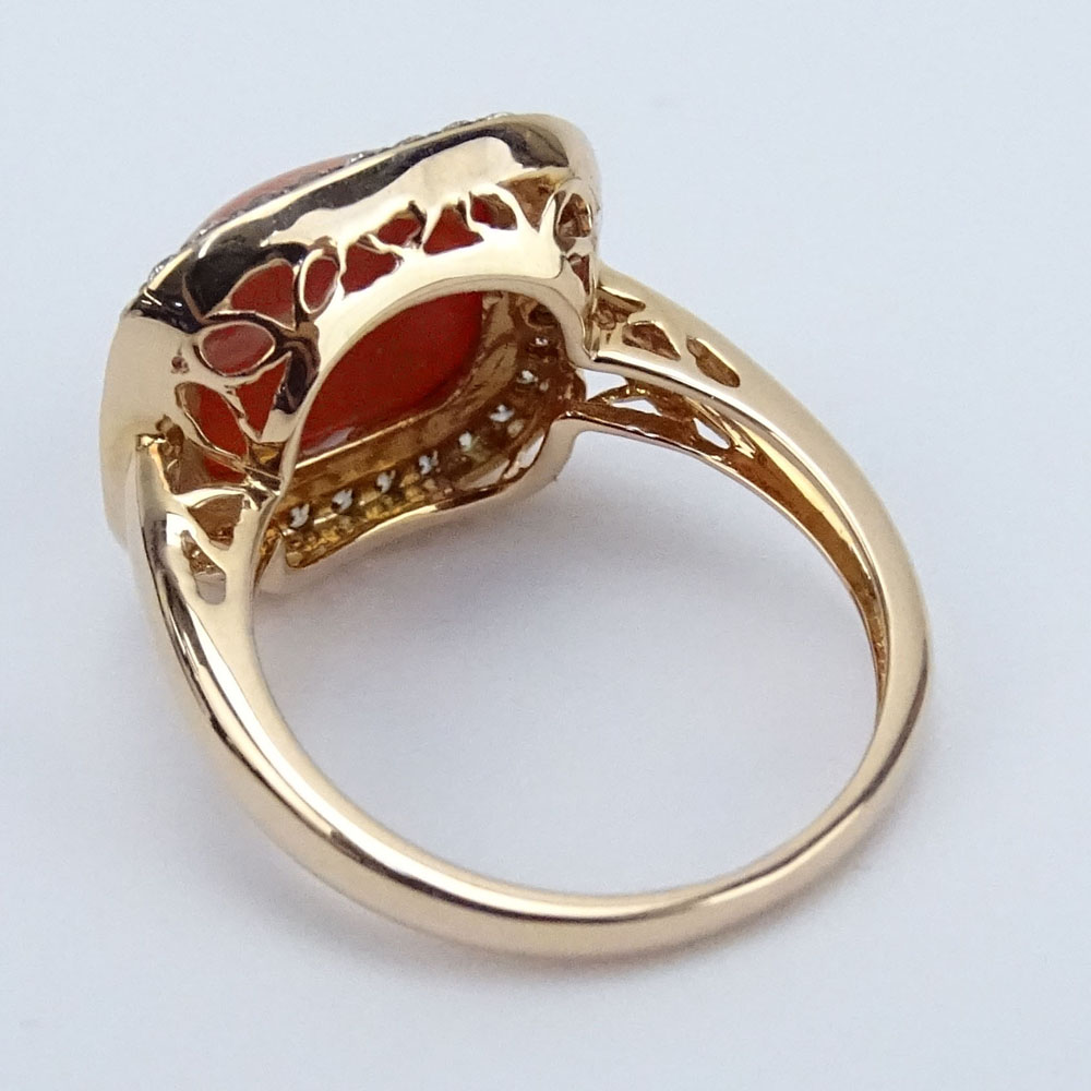 Approx. 5.27 Carat Red Coral and 14 Karat Rose Gold Ring accented with Small Round Cut Diamonds