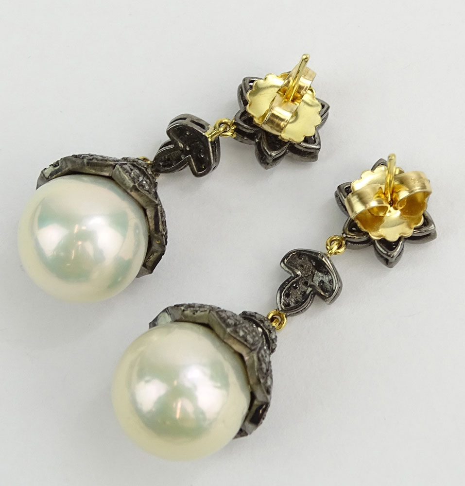 AIG Certified South Sea Pearl, 2.71 Carat Single Cut Diamond and 14 Karat Yellow Gold Dangle Earrings