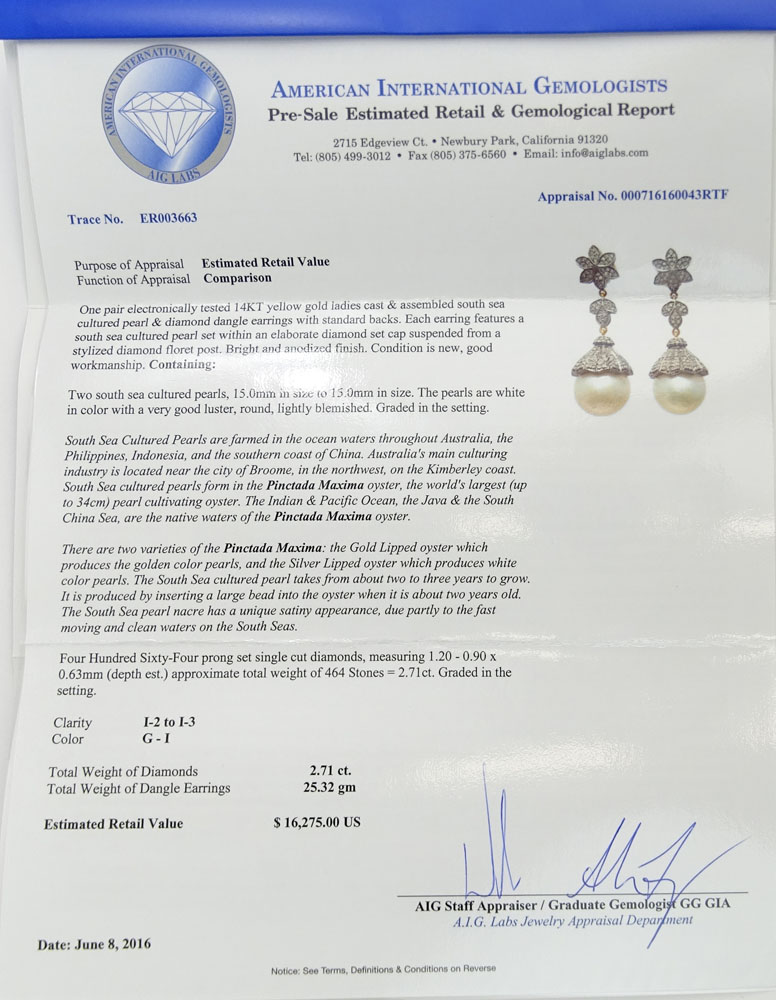 AIG Certified South Sea Pearl, 2.71 Carat Single Cut Diamond and 14 Karat Yellow Gold Dangle Earrings