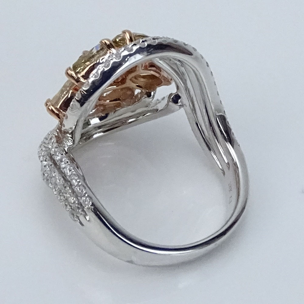 2.15 Carat Multi Color Diamond, 1.11 Carat Round Cut Diamond and 18 Karat White Gold Ring