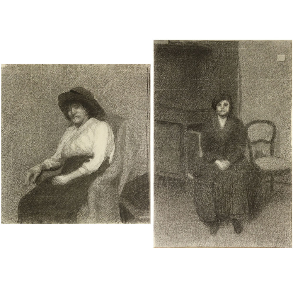 Circle of Georges Serault, French (19th C) Two (2) conte crayon drawings on Michallet Ingres paper. "Portrait of Marie-Berthe" and "Seated Woman"