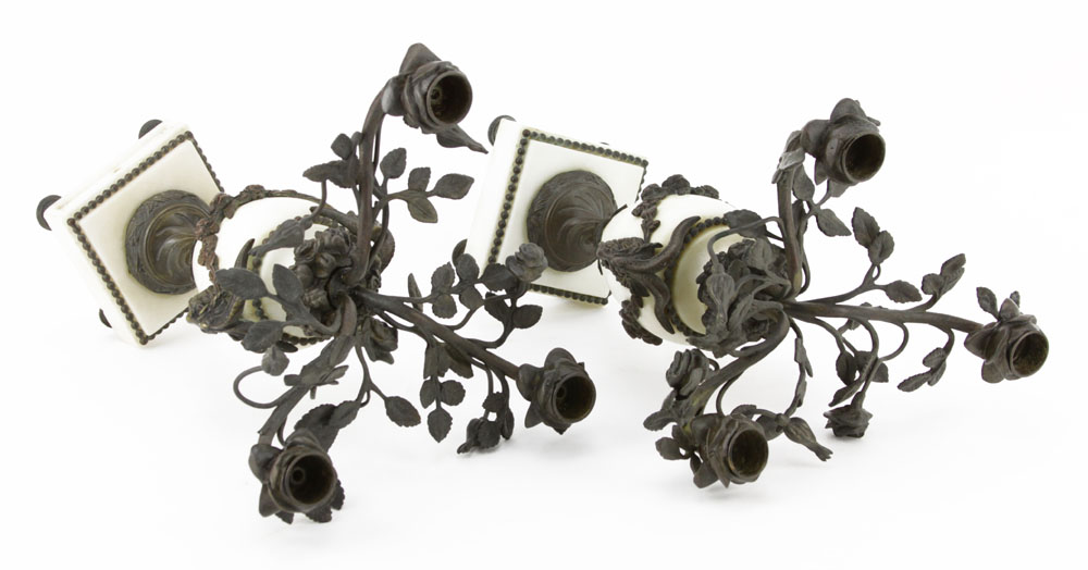 Pair of 19/20th Century Bronze Mounted Marble Urn Shaped Candelabra. Figural and floral mounts