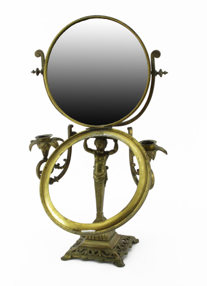 Antique Bronze Figural Standing Mirror With Candle Mounts.