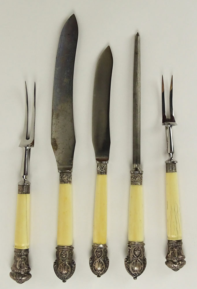 19th Century Sheffield, England Harrison Bros. & Howson Sterling Silver Mounted Ivory Handled Five (5) Piece Carving Set in Fitted Box