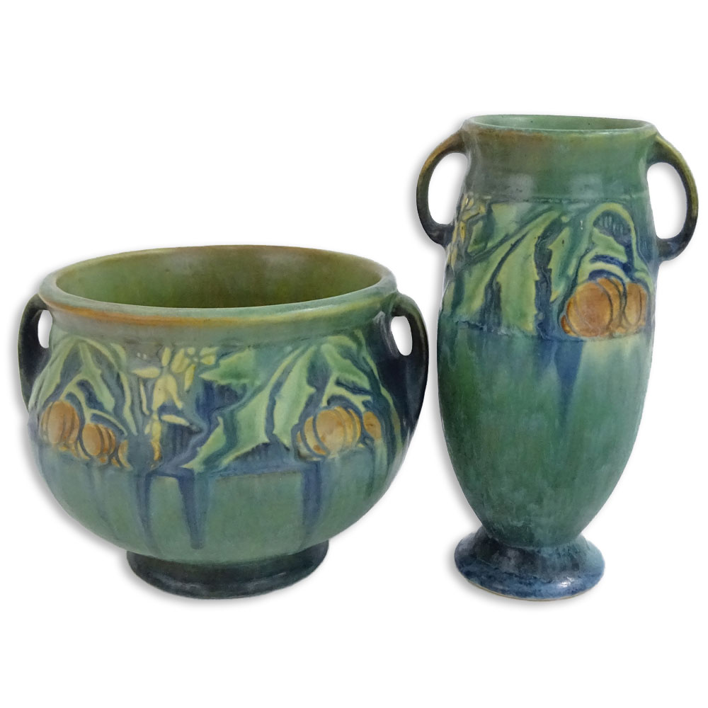 Lot of Two (2) Roseville Green Baneda Pottery Vases
