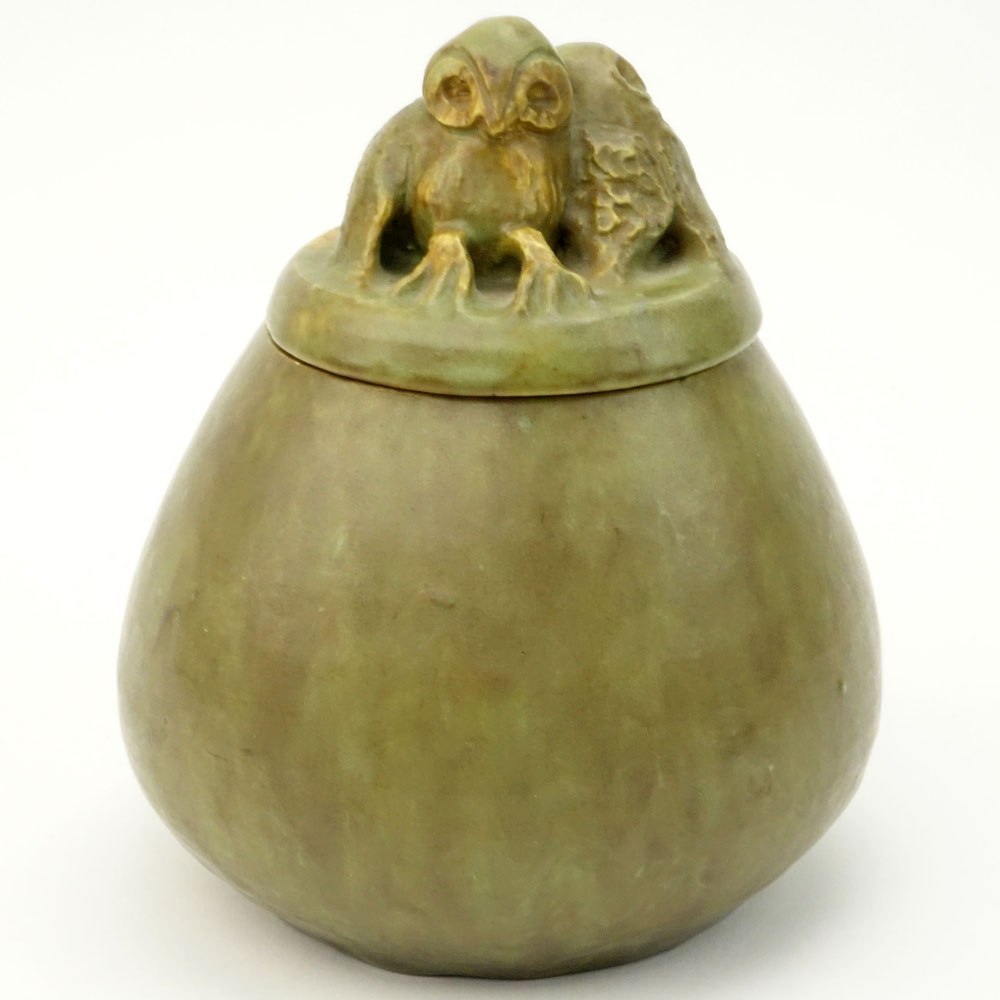 Vintage Fulper Style Pottery Jar With Figural "Owl" Lid. 