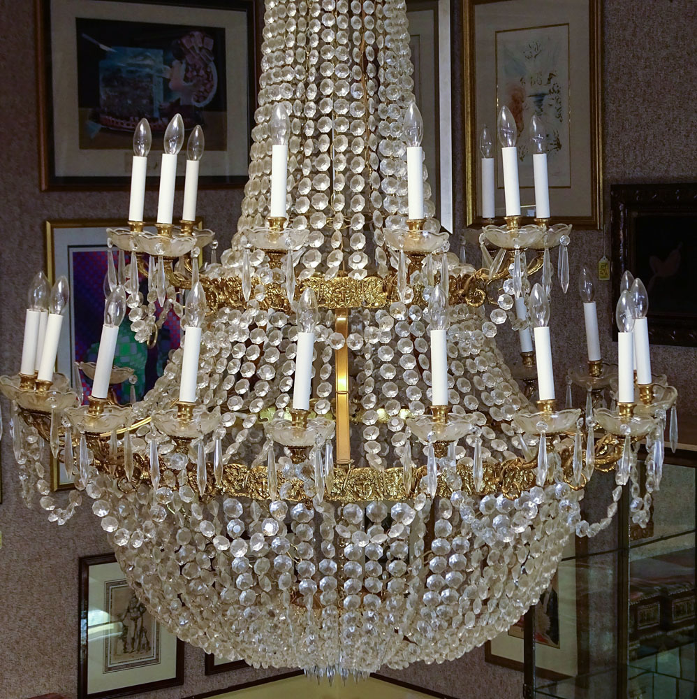 Contemporary Grand Scale Louis XVI style Bronze and Crystal Chandelier