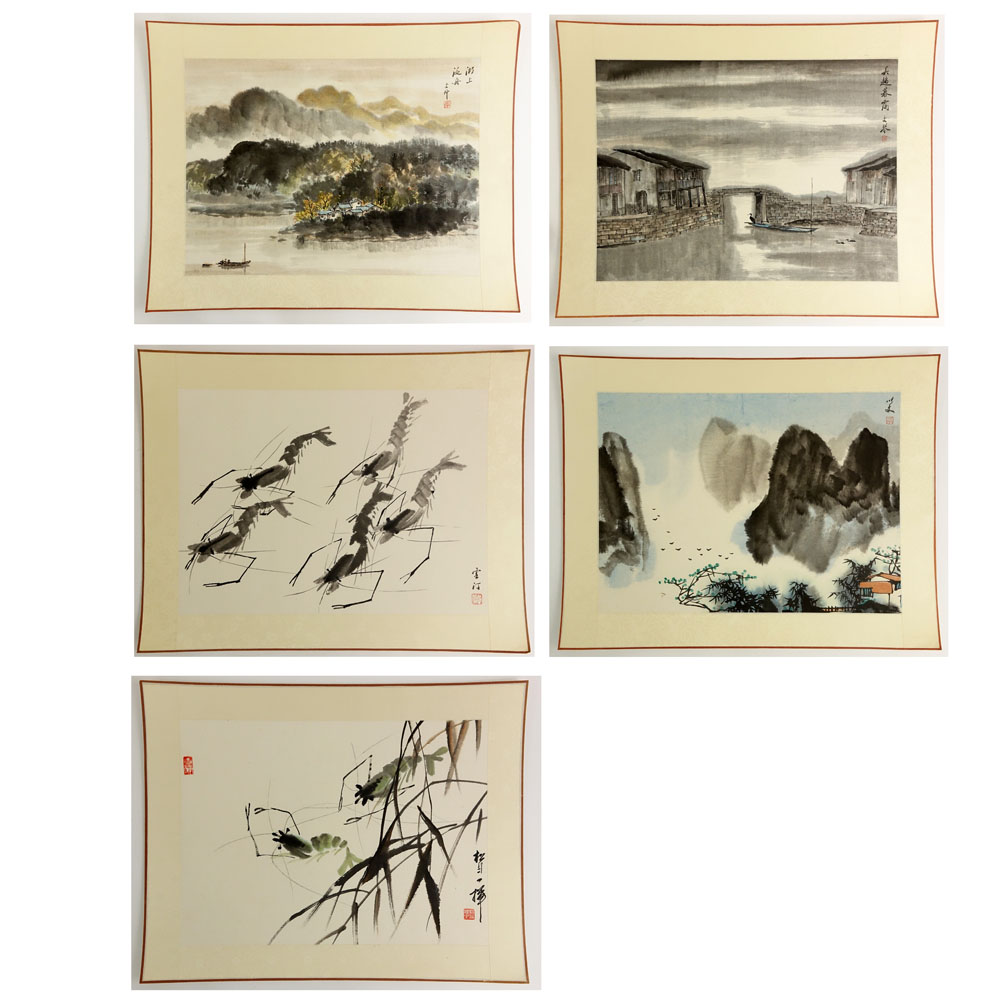Lot of 5 Mid Century Chinese Watercolors on Paper with Fabric Borders