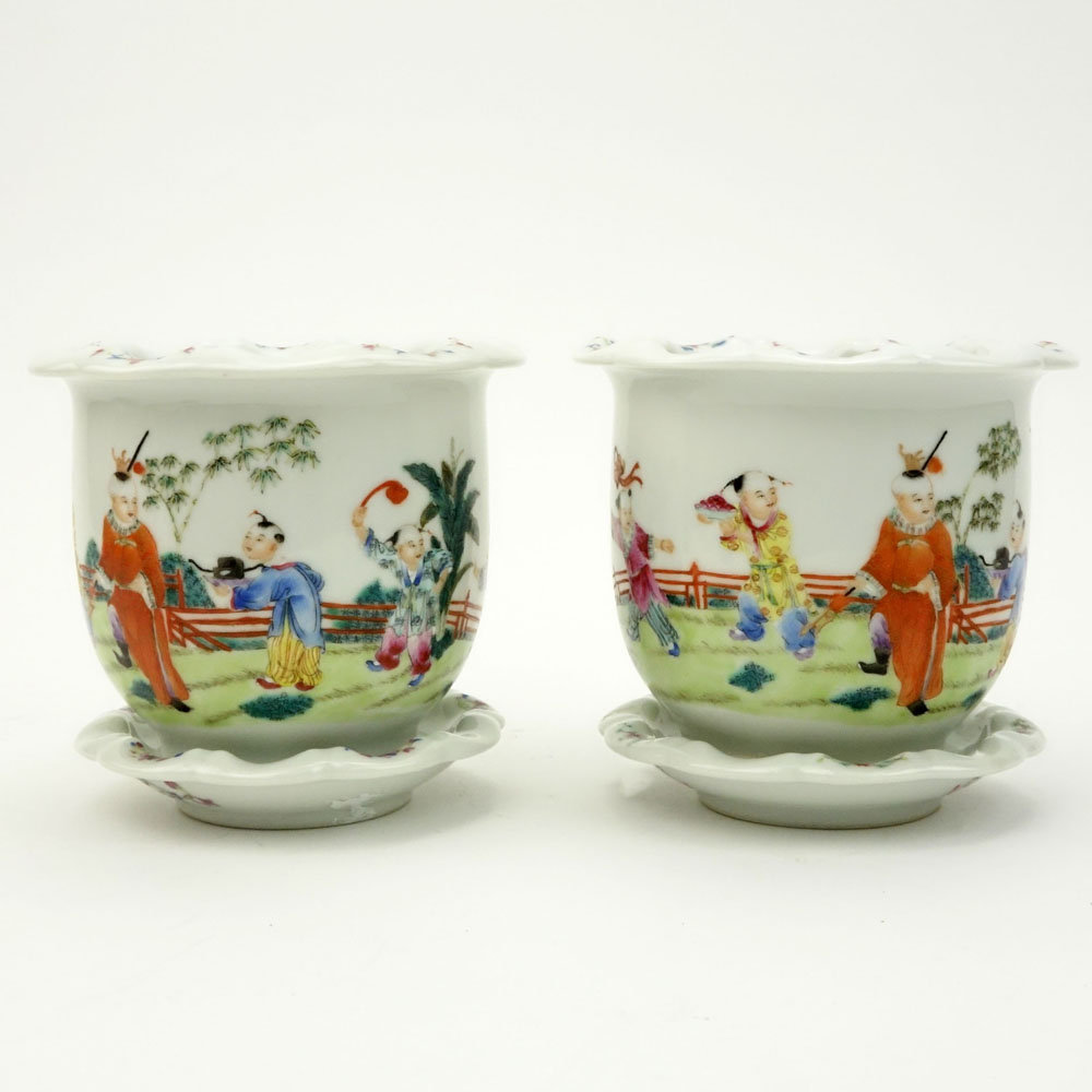 Pair of Mid Century Chinese Hand Painted Porcelain Cache Pots With Underplates