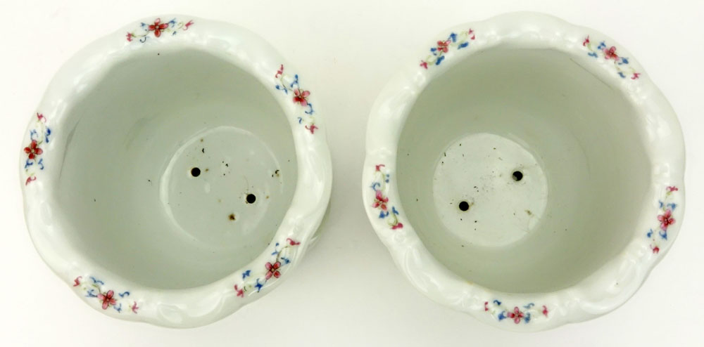 Pair of Mid Century Chinese Hand Painted Porcelain Cache Pots With Underplates