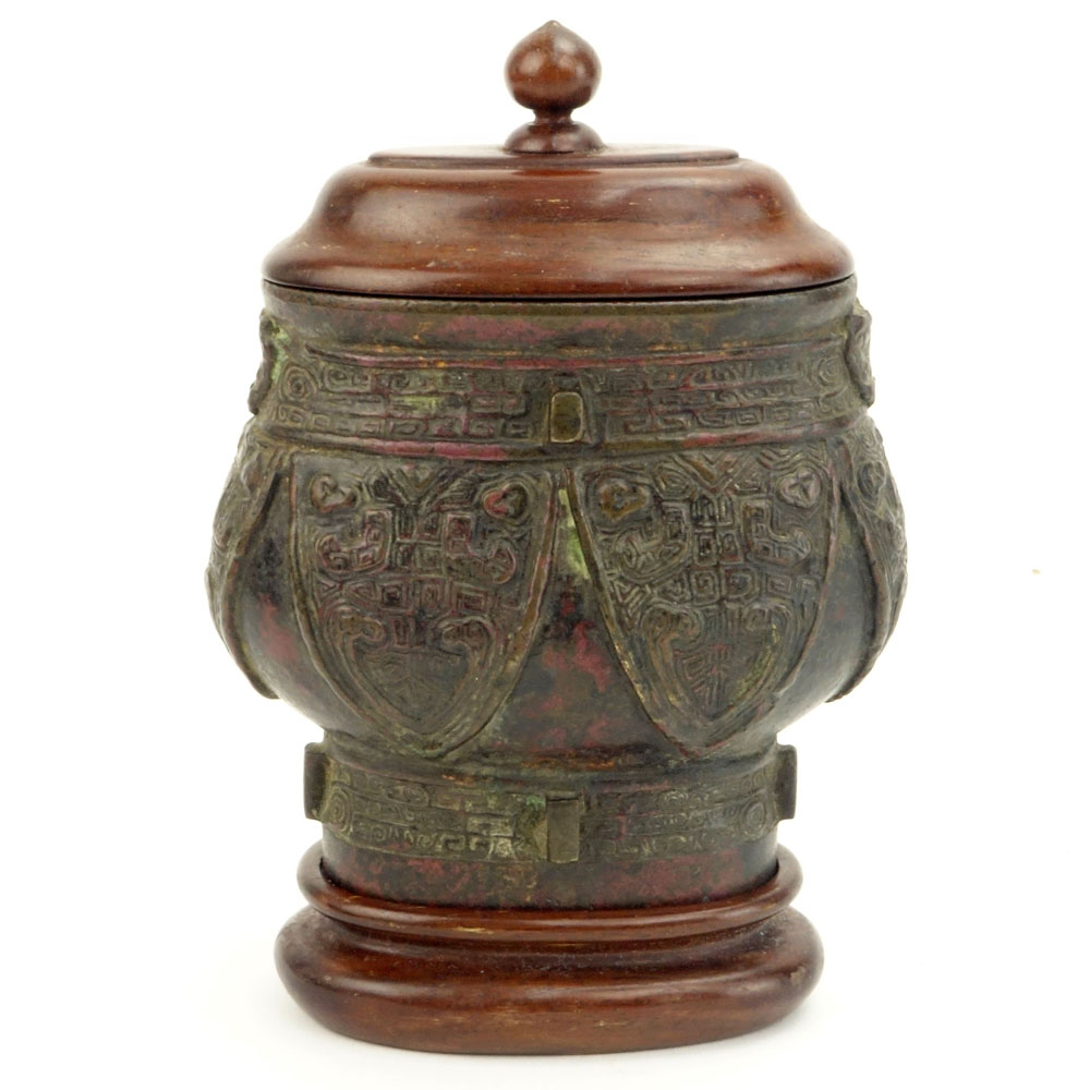 Archaic Chinese Bronze Vessel with Later Lid and Stand