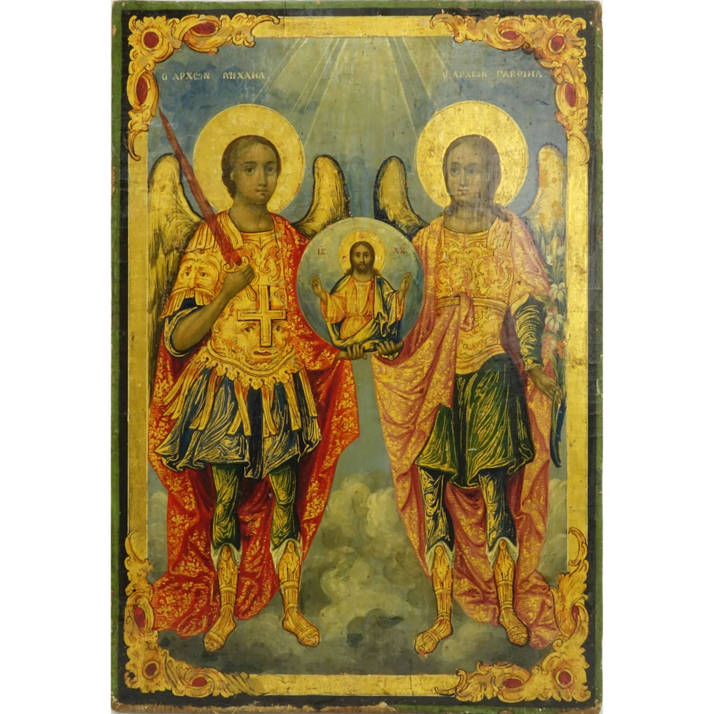 Antique Hand Painted Russian Icon. Canvas laid on panel