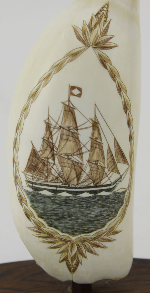 Robert Spring Whales Tooth Scrimshaw Depicting a Masted Sailing Ship